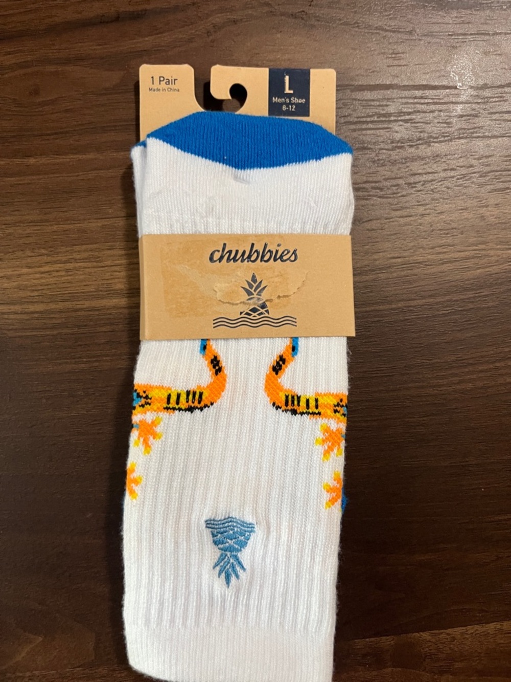 chubbies White Crew Socks with Bright Blue Cuff & Orange Accent